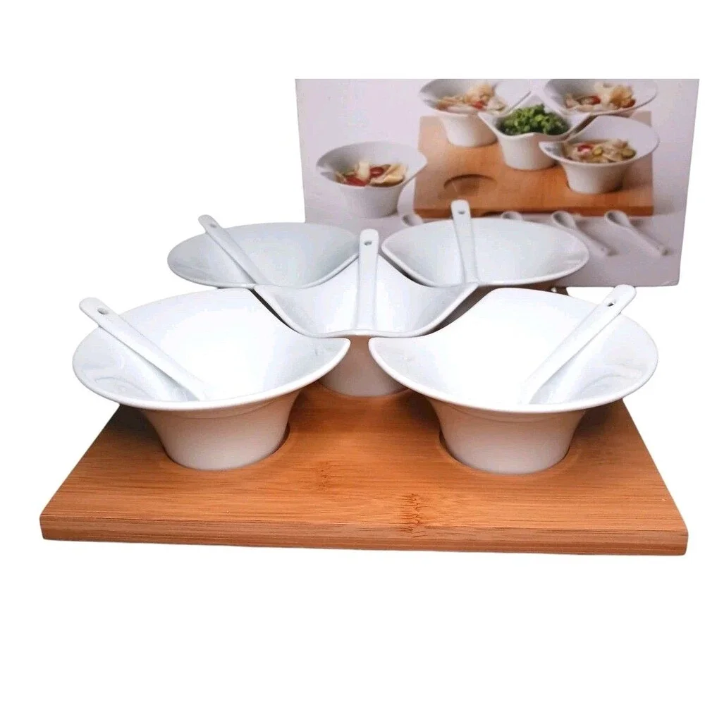 Pier 1 Imports Tasting Party Serving Bowl Set - 5 Bowls & Spoons + 1 Bamboo Tray